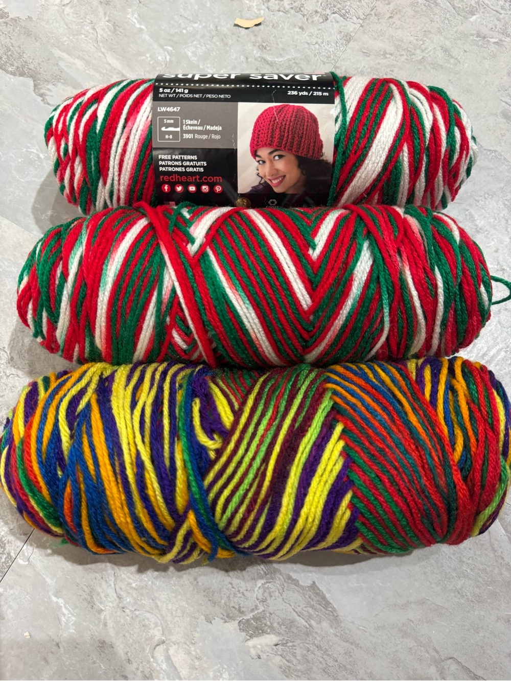 Red Heart Super Saver Variegated Yarn Stash Lot - 3 Skeins (mistletoe and mexica